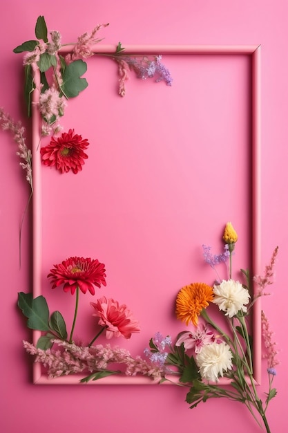 Kolorowe kwiaty z drewnianą ramą na różowym tle