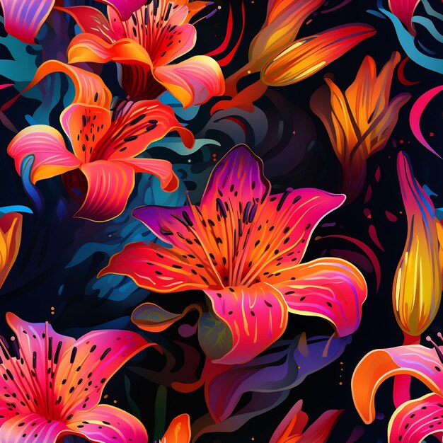 Kolorowe kwiaty z jasnopomarańczowymi i różowymi motylami i czarnym tłem