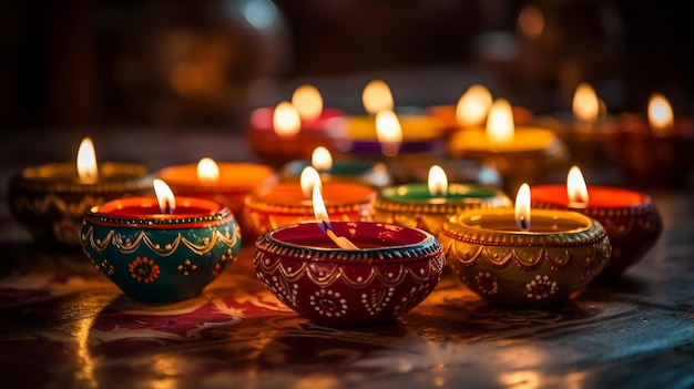 Kolorowe lampy diya zapalone podczas obchodów diwali