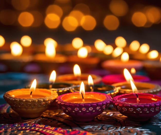 Zdjęcie kolorowe lampy gliniane zapalone podczas obchodów diwali szczęśliwej diwali