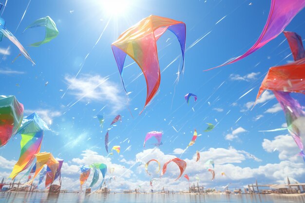 Kolorowe latawce szybujące wysoko na niebie w słoneczny 00727 03