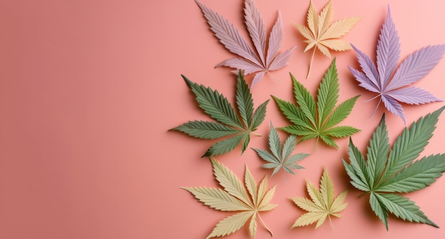 Kolorowe liście marihuany na różowym tle