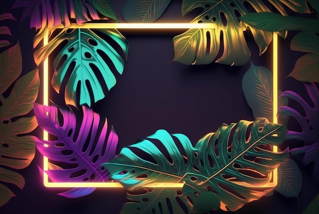 Kolorowe liście tropikalne z neonową ramką na ciemnym tle Generacyjna sztuczna inteligencja