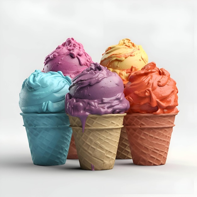 Kolorowe lody w rożkach waflowych na białym tle renderowania 3d