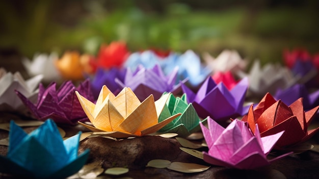 Kolorowe łodzie origami na stole z liśćmi na ziemi