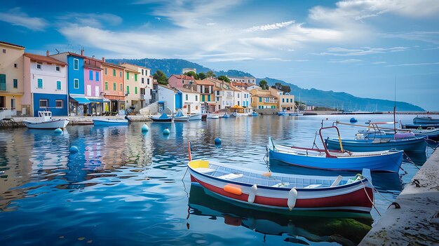 Kolorowe łodzie rybackie w spokojnych wodach z piękną śródziemnomorską wioską w tle