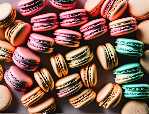 kolorowe macarons w rzędzie ciasto różowa przekąska słodka smaczna tradycyjna żółta