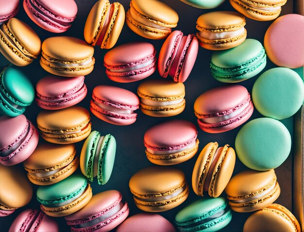 kolorowe macarons w rzędzie ciasto różowa przekąska słodka smaczna tradycyjna żółta