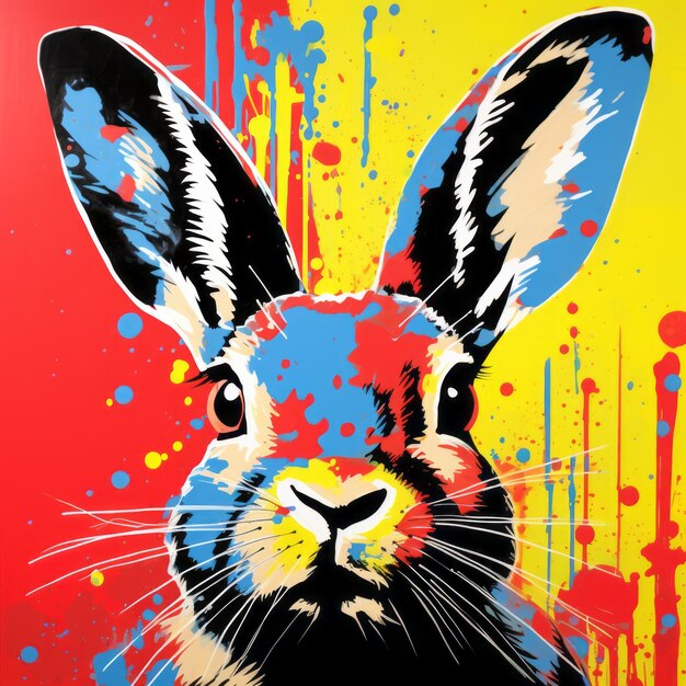 Kolorowe malarstwo królika Pop Art z intensywnym wzrokiem