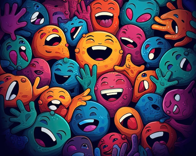 kolorowe malowane dłonie w kręgu z uśmiechniętymi twarzami w stylu postaci z kreskówek