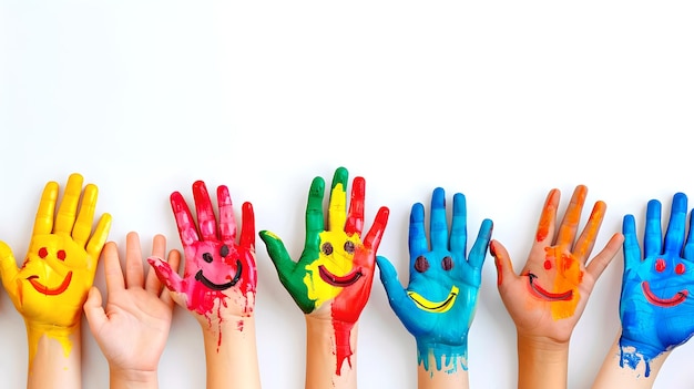 Kolorowe malowane ręce podniesione na białym tle Kreatywne i zabawne idealne dla tematów edukacyjnych i artystycznych Jedność w różnorodności koncepcja AI