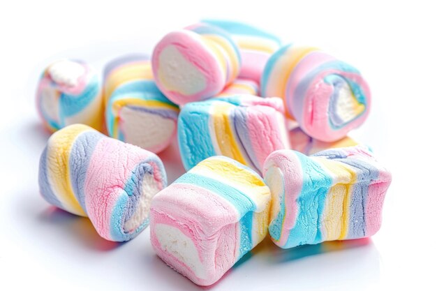 Zdjęcie kolorowe marshmallows cukierki izolowane na białym tle