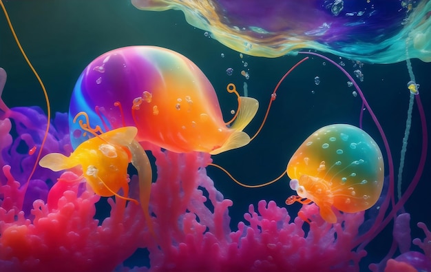 Kolorowe meduzy pod morzem Generatywna ilustracja AI
