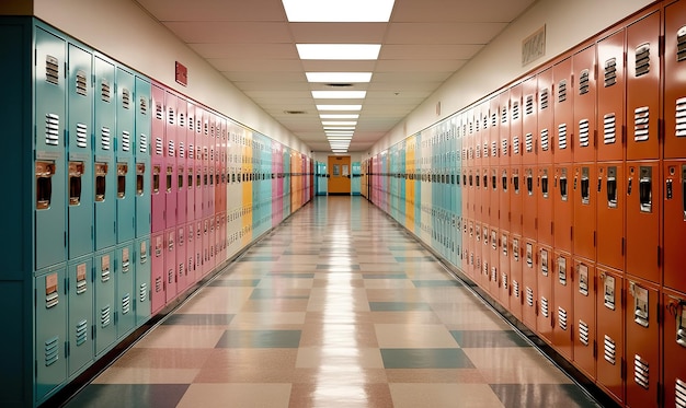 Kolorowe metalowe szafki w pustym korytarzu szkolnym Utworzono przy użyciu generatywnych narzędzi sztucznej inteligencji