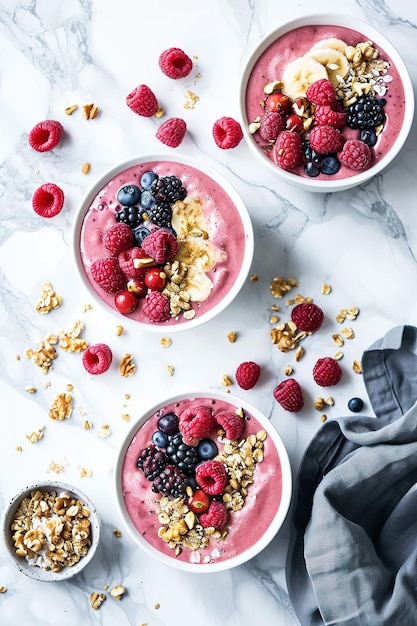 Kolorowe miski do smoothie z świeżymi jagodami i granolą Doskonałe do żywienia