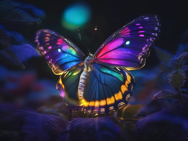 Kolorowe motyle latające w przyrodzie oświetlone nocnym światłem