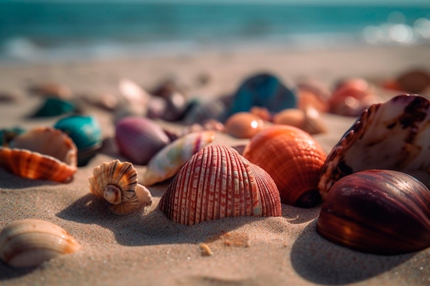 Kolorowe muszle na piasku na plaży Generatywna sztuczna inteligencja