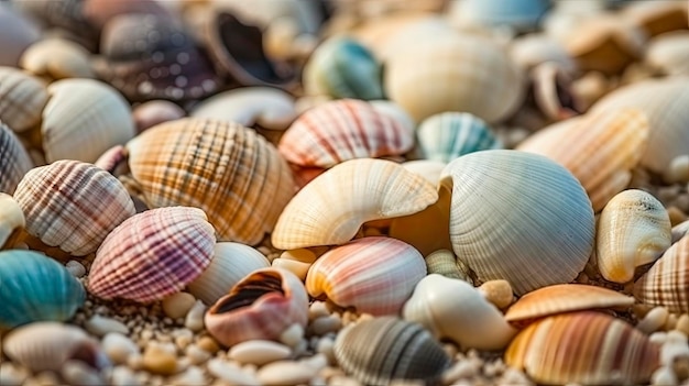 Kolorowe muszle na piaszczystej plaży idealne tło na letnie wakacje