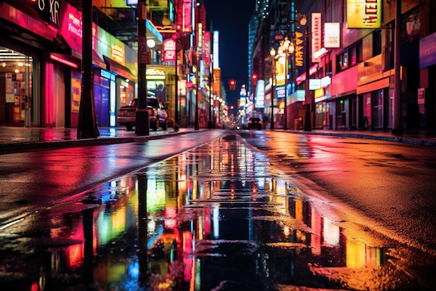 Kolorowe neony odbijające się na mokrej nawierzchni podczas deszczowej nocy