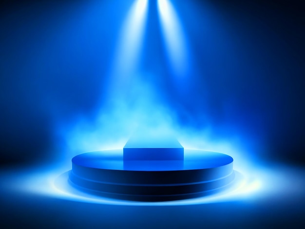 Kolorowe niebieskie podium reflektory i dym na scenie Tło Bluelights obraz hd w dół