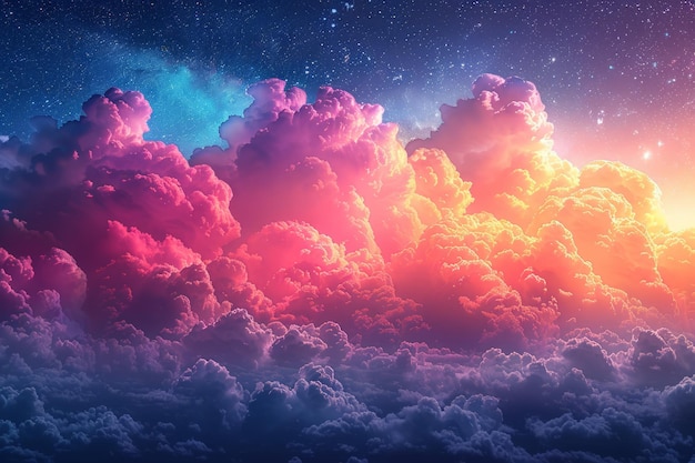 Kolorowe niebo z chmurami i gwiazdami