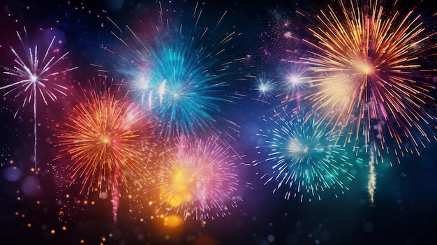 Kolorowe obchody fajerwerków na nowy rok lub wydarzenie urodzinowe świąteczny baner w tle
