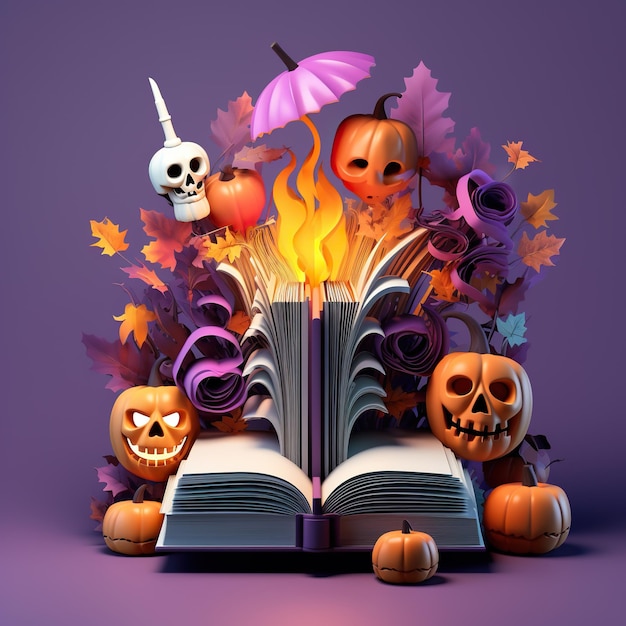 kolorowe odcienie światła kolorowe tło motywu halloween z obiektami halloween Książka 3D w stylu pop-art