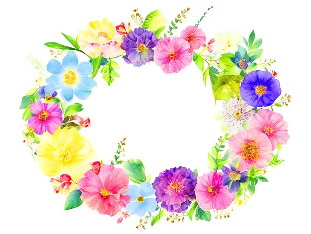 Zdjęcie kolorowe okrągłe letnie kwiaty w stylu akwarelu na białym tle