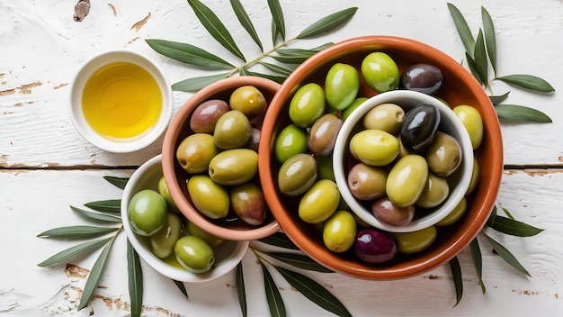 Kolorowe oliwki i olej z oliwek z liśćmi oliwnymi w glinie i białe miski na białej drewnianej desce