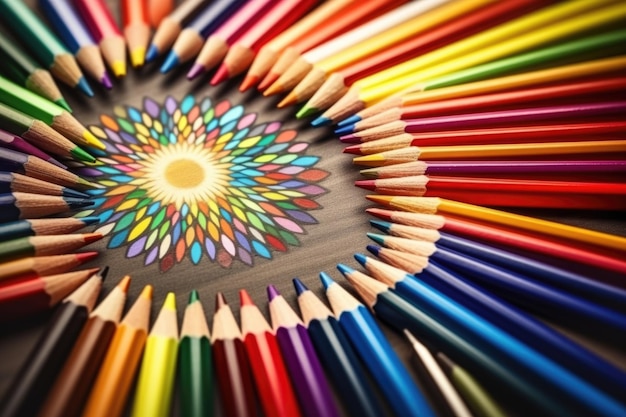Kolorowe ołówki na drewnianym tle kolorowa karta Koncepcja powrotu do szkoły Generatywna sztuczna inteligencja