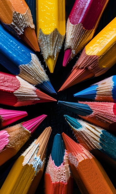 Kolorowe ołówki w kręgu Centrum pełne kolorowych ołówków na czarnym tle