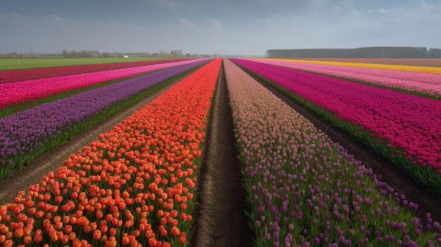 Kolorowe otwarte pole z pięknymi tulipanami Generative AI