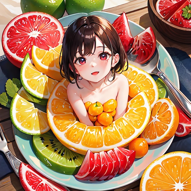 kolorowe owoce z dodatkiem stylizowanych postaci z anime