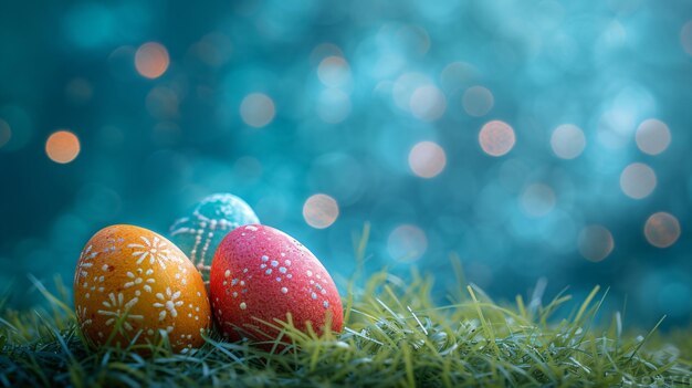 Kolorowe ozdobione jaja wielkanocne ukryte w trawie na łące Wielkanocny krajobraz