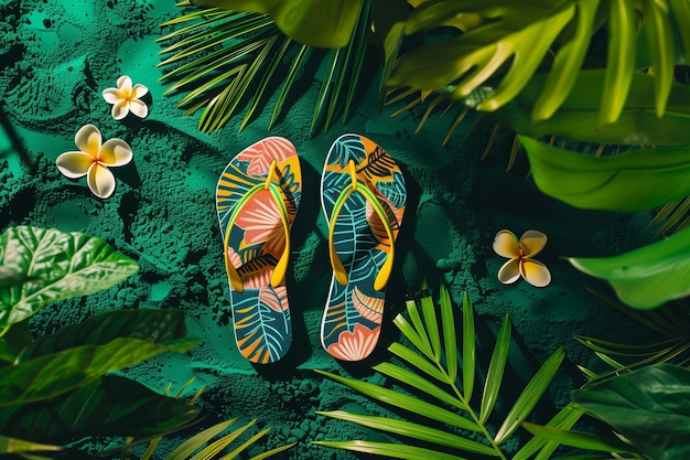 Zdjęcie kolorowe pantofle na tropikalnie zielonym tle na letnie dni