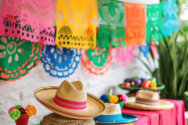 Kolorowe papierowe dekoracje i sombrero tworzą scenę uroczystej uroczystości Cinco de Mayo