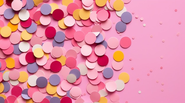 Kolorowe papierowe konfetti na różowym tle Koncepcja uroczystości płaski widok z góry