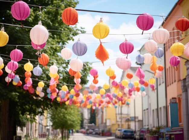 Kolorowe papierowe latarnie o różnych rozmiarach wiszą na liniach nad ulicą na tle budynków Festiwal uliczny