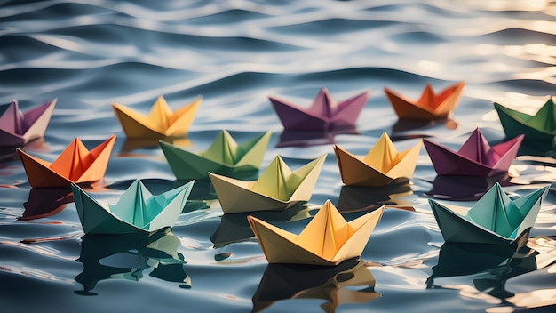 Kolorowe papierowe łodzie origami pływające w wodzie wygenerowane przez sztuczną inteligencję