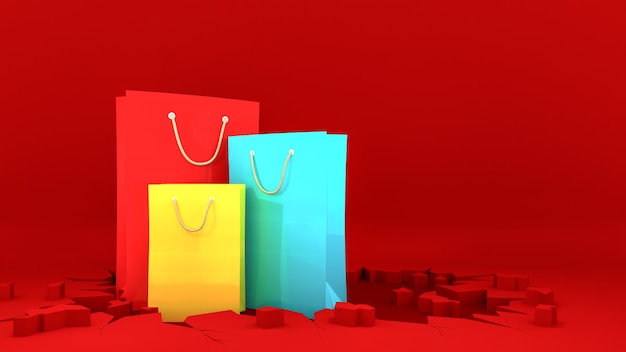 Kolorowe papierowe torby na zakupy na pękniętej czerwonej ziemi. Koncepcja zakupy, renderowanie 3d.