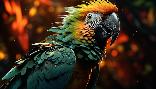 Kolorowe papugi latają w dżungli, neonowe kolory, niebieski i żółty, Ara Ararauna Południowa.