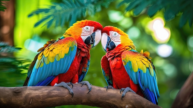 Kolorowe papugi z dumą pokazują swoje żywe pióra w oszałamiającej gamie odcieni te wspaniałe ptaki fascynują swoim żywym piórem generowanym przez sztuczną inteligencję