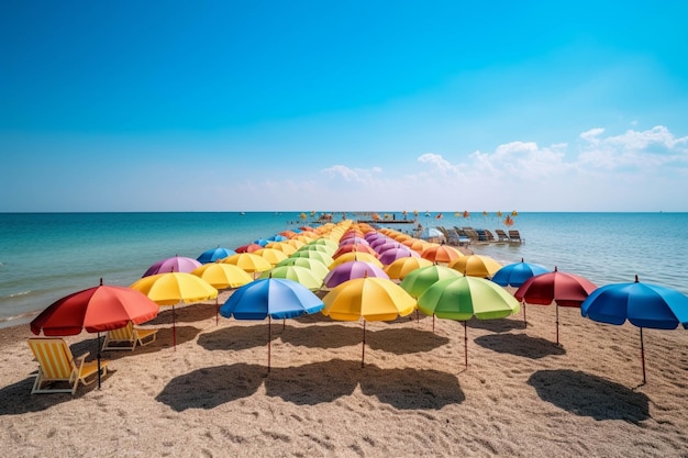 Kolorowe parasole na piaszczystej plaży Morza Śródziemnego