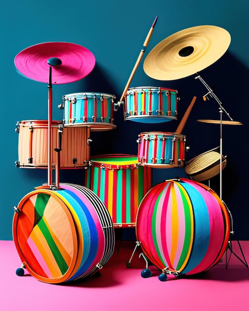 kolorowe perkusyjne instrumenty muzyczne obok wielokolorowych pasów