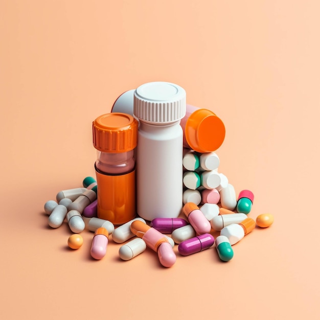 Kolorowe pigułki i tabletki w szklanej butelce na beżowym tle