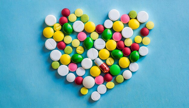 Kolorowe pigułki w kształcie serca na niebieskim tle Koncepcja medycyny na Dzień Walentynek