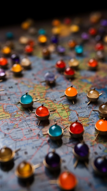Zdjęcie kolorowe pinezki z bliska zdobiące mapy geograficzne w celach informacyjnych i nawigacji pionowa ściana mobilna