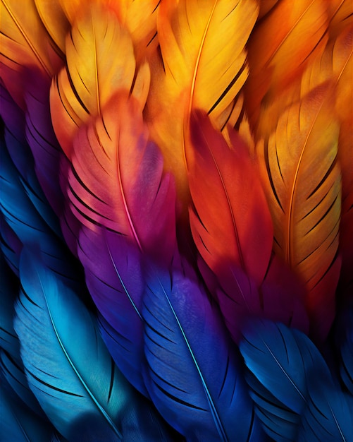 kolorowe pióra feniksa w hiperrealistycznym, dramatycznym świetle z bliska