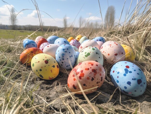 Kolorowe pisanki leżące na trawie