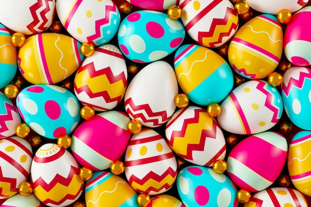 Kolorowe pisanki na czerwonym tle Happy Easter day koncepcja widok z góry ilustracja 3D